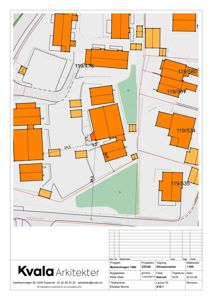 Situasjonsplan som viser tomt, bygninger og veier