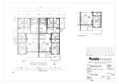 Etasjeplan (Plan 1. etasje) som viser romfordeling, dimensjoner og utvendige sider for en bygning.