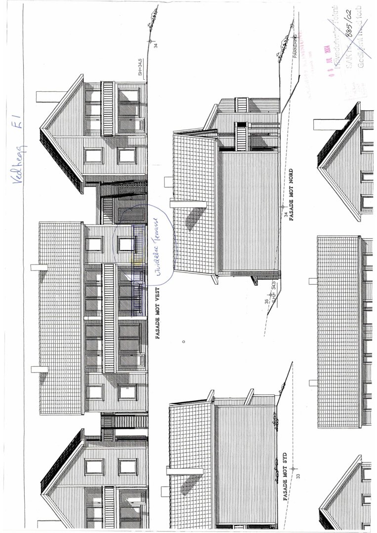 Fasadetegning som viser bygningens utseende fra flere vinkler (vest, nord, syd) med detaljer om tak, vinduer og fasadepanel.