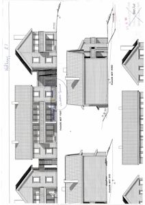 Fasadetegning som viser bygningens utseende fra flere vinkler (vest, nord, syd) med detaljer om tak, vinduer og fasadepanel.