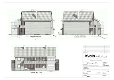 Fasadetegning som viser bygningens utsyn mot nord, syd og vest.