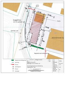 Situasjonsplan som viser tomtens grenser, byggegrenser (byggelinje), eksisterende bygninger, regnbed og vannveier.