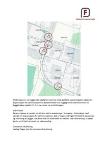 Situasjonsplan som viser tomtens plassering i forhold til naboer, kommunale veier og reguleringsplanens byggegrenser.