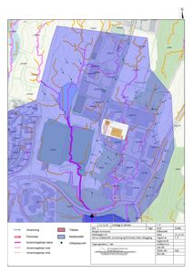 Situasjonsplan som viser et nedbørsfelt, avrenningslinjer, flomveier og et tiltak (utbygging) i forhold til omgivelsene.