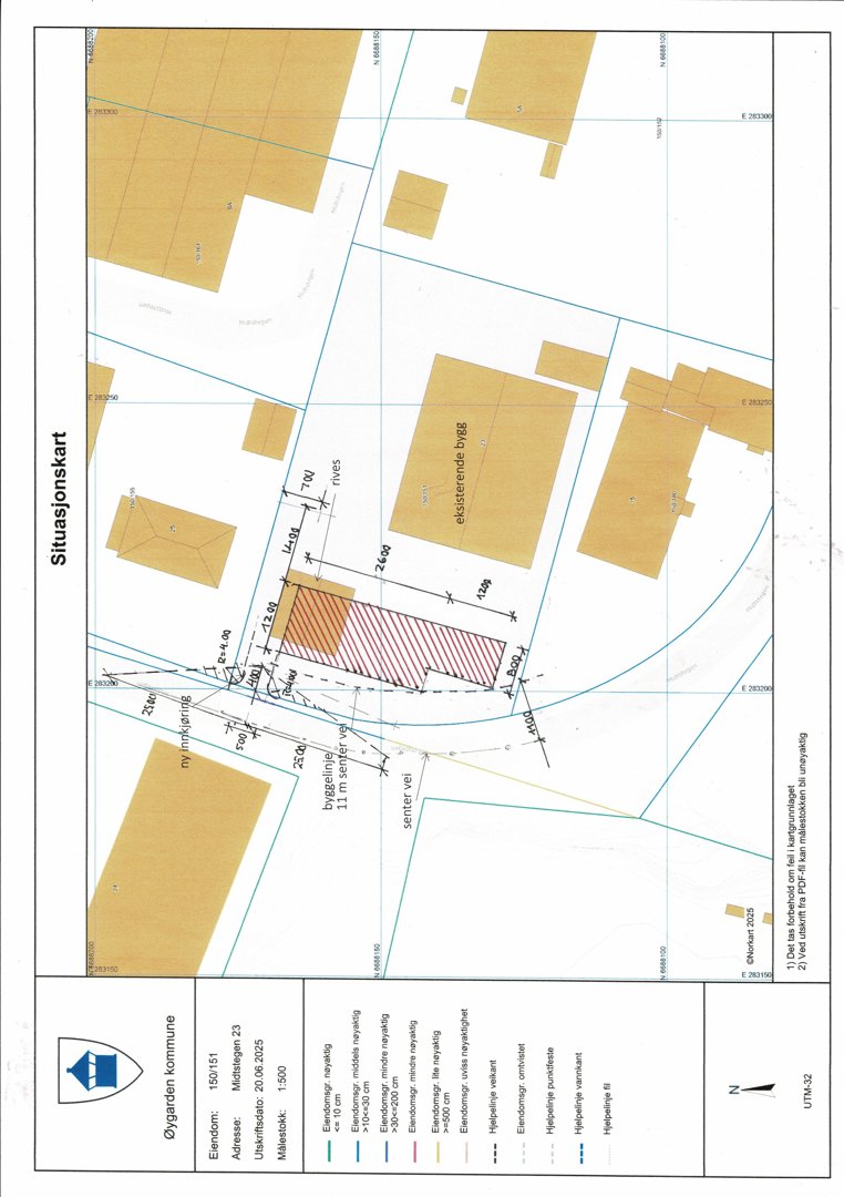 Situasjonskart som viser eiendomsforhold, eksisterende bygg, veier og planlagt inngrep med mål og grenser.