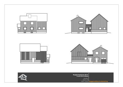 Fasadetegning som viser fire ulike vinkler (opp- og nedriss) av en bygning.