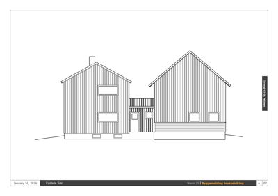 Fasadetegning som viser fronten på en bygning med vinduer, dører og takform.