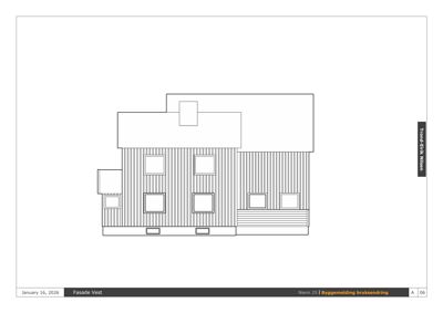 Fasadetegning (opprikk) av bygningens vestside med vinduer og trappetrinn.