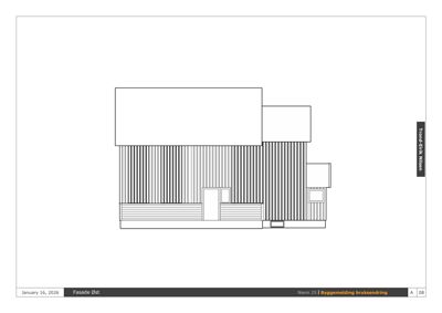 Fasadetegning (opprikk) av bygningens østside, som viser detaljer om fasadematerialer, vinduer og trappetrinn.