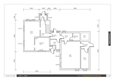 Etasjeplan (1. etasje) som viser romfordeling, dører, trapp og mål for en bygning.