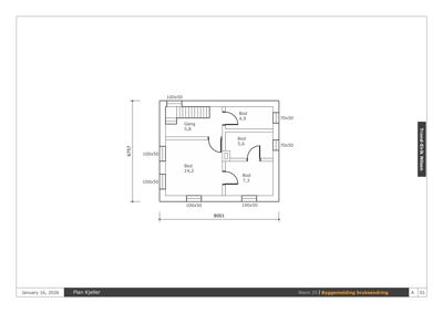 Plantegning av kjelleretasje med romfordeling (Bod, Gang), dører, trapp og dimensjoner.
