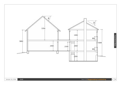 Snittegning som viser tverrsnittet av en bygning med angitte høyder, takhøyder og vinkler.