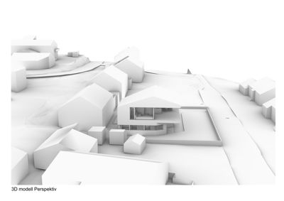 3D-modell i hvitt som viser et hus sett fra et perspektiv, med omgivende tomte og nabohus.