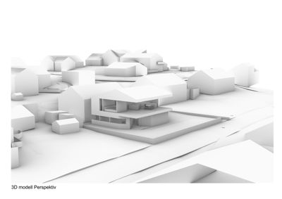 Et 3D-modellert perspektivbilde av en bygning i et nabolag, vist i hvitt.