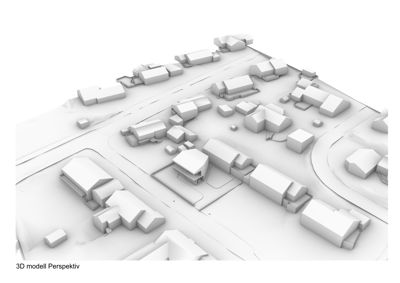Et 3D-perspektivbilde (rendering) som viser en bygning i forhold til omgivelsene og nabolaget.