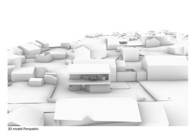 Et 3D-modellert perspektivbilde som viser en bygning i forhold til omgivelsene.