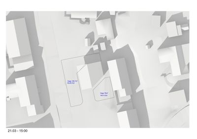 Et 3D-modellert bilde (rendering) som viser et tomt med omgivende bygninger sett fra oven. Det er merket med dato og klokkeslett (21.03 - 15:00) og viser solforhold (sol) og hagearealer.