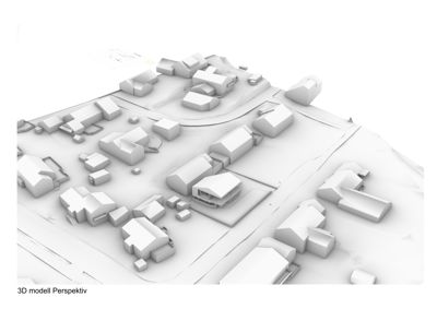 Et 3D-perspektivbilde (rendering) som viser en 3D-modell av et nabolag med flere hus og veier.