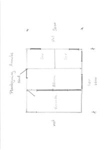 Håndtegnet etasjeplan (plantegning) som viser romfordeling med 'Sov', 'Allrom', og 'Veranda', samt mål og orientering.
