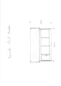 Håndtegnet fasadetegning av en bygning sett fra vest, med mål og rominndeling.