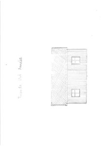 Håndtegnet fasadeoppriks av en bygning med to vinduer og en utvendig veggmateriale.