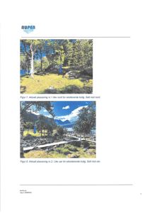 To fotografier som viser den aktuelle plasseringen av en ny bygning i forhold til en eksisterende bolig. Bildene er tatt fra ulike vinkler (mot nord og mot sør).