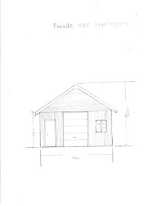 En håndtegnet fasadetegning av en bygning sett fra sør, med mål og tekst.