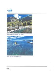 To fotografier av et byggeprosjekt, inkludert en flytebro og utsikt over sjøen.