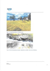 Bildet viser to fotografier fra en byggesak. Øvre bildet viser et utsiktspunkt over et område med vann og skog, med en blå pil som peker på en bygning. Nedre bildet viser en elv eller bekke som renner gjennom et steinete landskap. Begge bildene er merket med 'Figur 15' og 'Figur 16' og tekster som beskriver hva de viser.