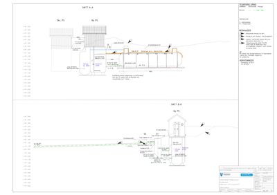 Snittegning (SNITT A-A og SNITT B-B) som viser tverrsnitt gjennom en bygning eller anlegg, inkludert høyder, konstruksjoner og tekniske detaljer.