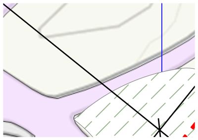 Et detaljutsnitt fra et kart eller situasjonsplan som viser topografi (konturlinjer), en vei (svart linje) og muligens vann eller vegetasjon (lilla farge).