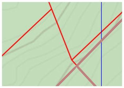 Kartutsnitt som viser topografi (konturlinjer) og overlappende geometriske former (røde og blå linjer) som sannsynligvis representerer eiendomsgrenser eller byggefelt.