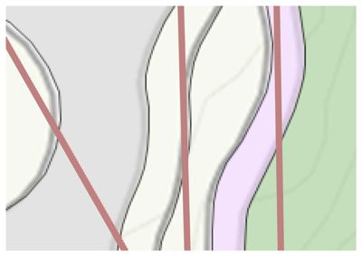 Et kartutsnitt som viser topografi (konturlinjer) og muligens veg eller vei (de røde linjene).