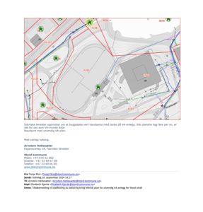 Situasjonsplan som viser tomtegrenser, bygningsplasseringer (Stord ishall), VA-ledninger og topografi.