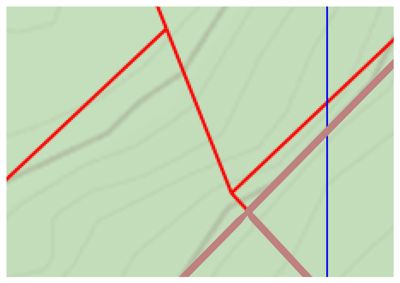 Kartutsnitt som viser topografi (konturlinjer) og overlagte ruter eller vegger (røde og blå linjer).