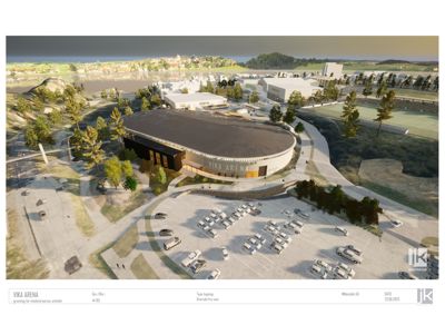 3D-visualisering av Vika Arena med omgivende parkeringsplass og landskap.