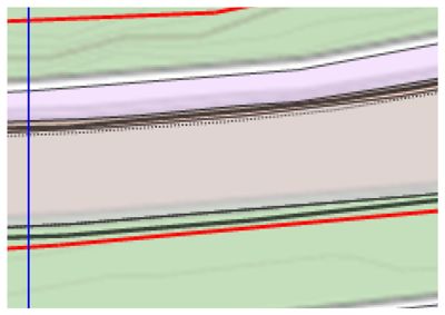 Dette bildet viser en detalj fra en situasjonsplan. De ulike fargene (grønt, lilla, beige) representerer sannsynligvis ulike terrengnivåer eller grunnvannsnivåer, mens de røde og blå linjene markerer grenser eller snittlinjer.