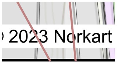Et kart fra Norkart (2023) med overlappende tegninger eller markeringer.