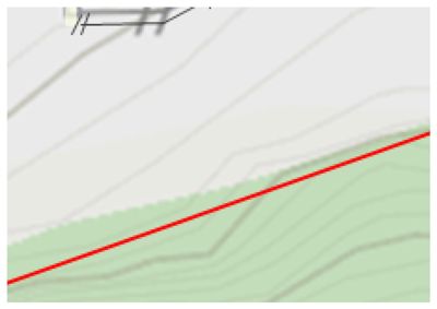 Et kartutsnitt som viser terrengformet med konturlinjer og en markert grense (rød linje).