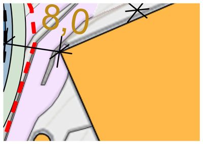 Et kartutsnitt som viser en del av en bygning (gult område) i forhold til en vei (rød prikket linje) og en annen eiendom (lilla område). Det er angitt en avstand på 8,0 meter.