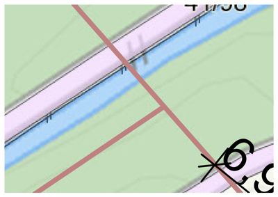 Et kartutsnitt som viser et vannløp (blått), en vei (rosa) og terrengkonturer (grønn).