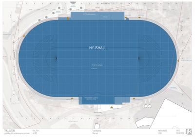 Situasjonsplan som viser plassering av ny ishall og tilhørende bygg i forhold til eksisterende areal og vegnett.