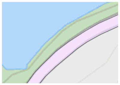Et detaljutsnitt fra en situasjonsplan som viser kystlinjen, vann (blått), terrengformet (grønt) og en vei eller gangvei (lilla).