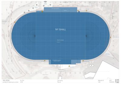 Situasjonsplan som viser plassering av en ny ishall (NY ISHALL) i forhold til eksisterende bygninger (VIKA ARENA), vegger, og tomtegrenser.