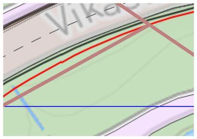 Et kartutsnitt som viser en vei (Vika), grøntområder og overlagte geometriske linjer i ulike farger.