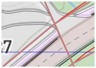 Situasjonsplan som viser topografi (konturlinjer), veier, og en markert bygning eller tomt (lilla område) med en blå linje som indikerer en snittlinje.