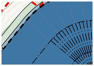Dette bildet viser en detalj fra et kart eller situasjonsplan. Det illustrerer topografi (konturlinjer), vannmasser (blått område) og kystlinje med symboler for havneanlegg.