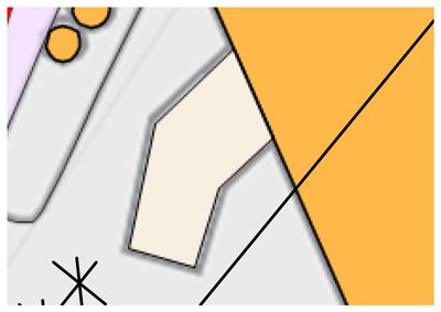 Et kartutsnitt som viser en tomtegrense (svart linje) og et polygonformet område, sannsynligvis en bygning eller eiendom.