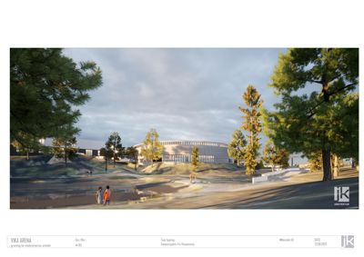 3D-visualisering av Vika Arena sett fra utsiden, inkludert omgivelser og landskap.