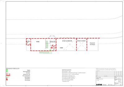 Etasjeplan (1. etasje) med romfordeling, brannsymboler og merknader om brannklassifisering.